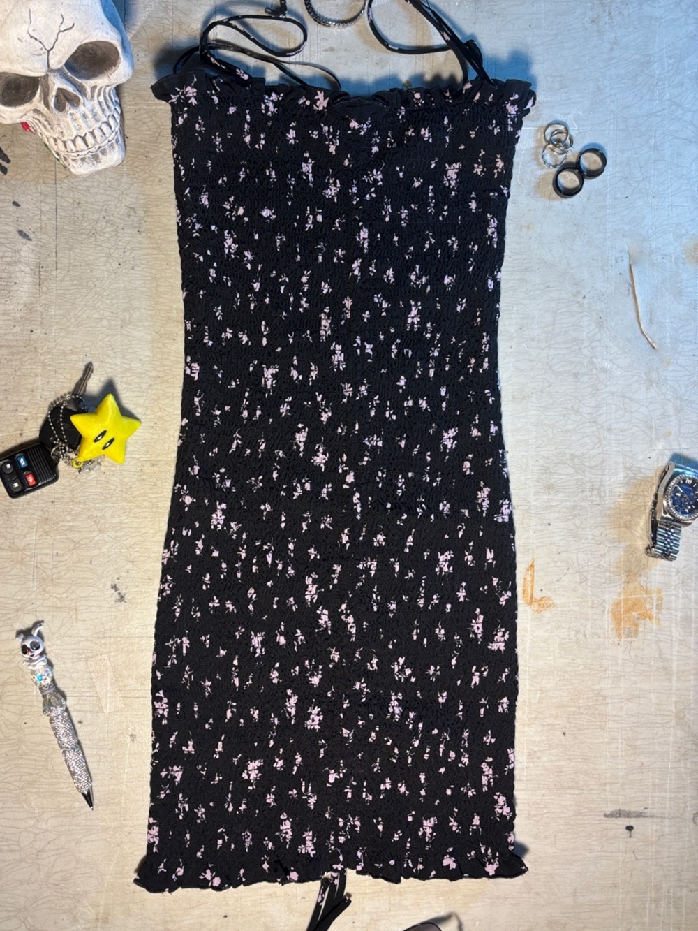 Papaya Black Smocked Mini Dress with Pink Floral Print